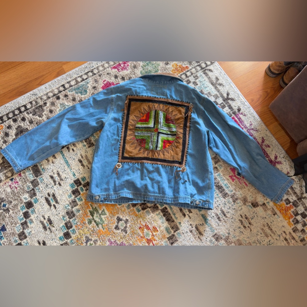 Chico's Denim Blue Jean Jacket with Brown Leather Trim - Picture 2 of 7